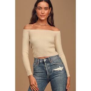 NWT Lulus Crop On By Beige Knit Off-the-shoulder Cropped Sweater
